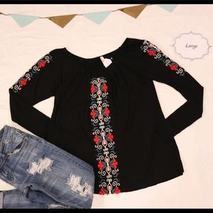 NWT Black embroidered Tunis long sleeve top!